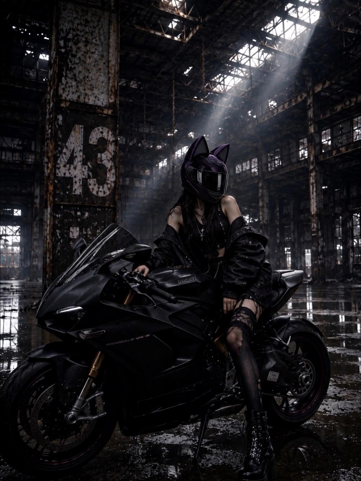 Mizuki wears a dark purple cat-ear motorcycle helmet on a black motorcycle beneath warehouse skylights, beside a weathered 43 pillar.